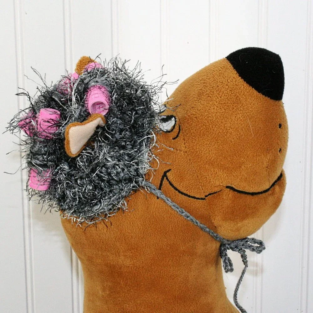 HAND CRAFTED Granny Hair Curlers Dog Hat Crochet Gray Hairy Costume